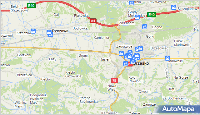 mapa Jasień gmina Brzesko, Jasień gmina Brzesko na mapie Targeo