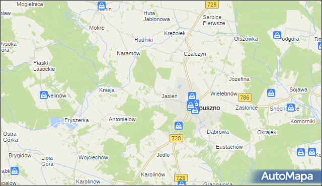 mapa Jasień gmina Łopuszno, Jasień gmina Łopuszno na mapie Targeo