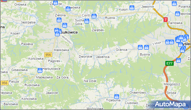mapa Jasienica gmina Myślenice, Jasienica gmina Myślenice na mapie Targeo