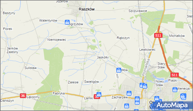 mapa Jaskółki gmina Raszków, Jaskółki gmina Raszków na mapie Targeo