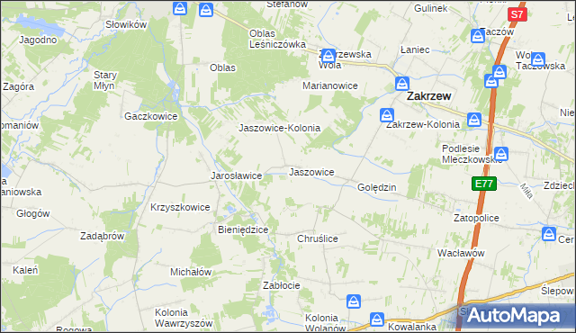 mapa Jaszowice gmina Zakrzew, Jaszowice gmina Zakrzew na mapie Targeo