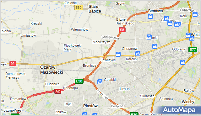 mapa Jawczyce gmina Ożarów Mazowiecki, Jawczyce gmina Ożarów Mazowiecki na mapie Targeo