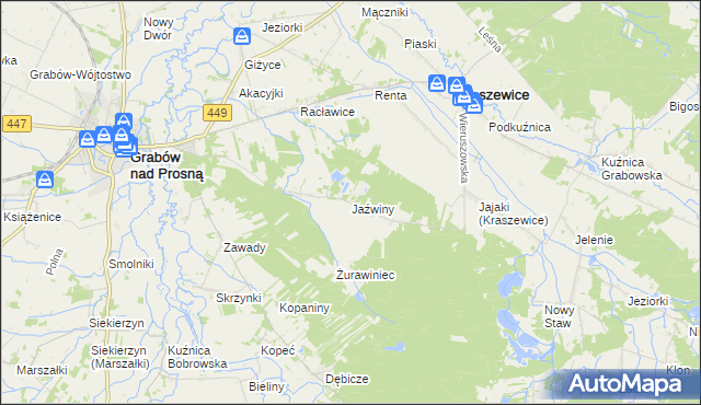 mapa Jaźwiny gmina Kraszewice, Jaźwiny gmina Kraszewice na mapie Targeo