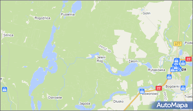 mapa Jeleni Róg gmina Człopa, Jeleni Róg gmina Człopa na mapie Targeo