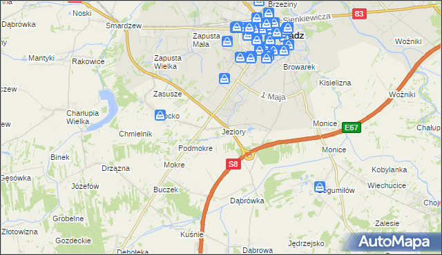 mapa Jeziory gmina Sieradz, Jeziory gmina Sieradz na mapie Targeo