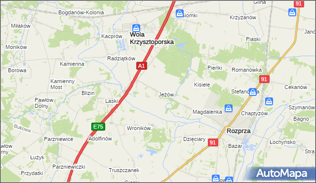 mapa Jeżów gmina Wola Krzysztoporska, Jeżów gmina Wola Krzysztoporska na mapie Targeo
