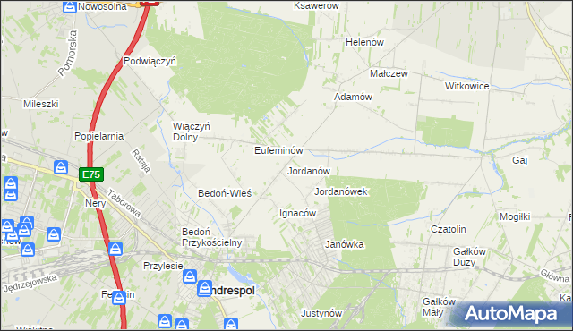 mapa Jordanów gmina Brzeziny, Jordanów gmina Brzeziny na mapie Targeo