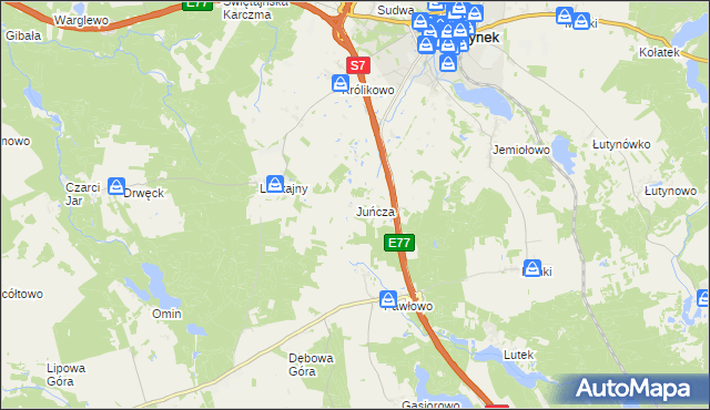 mapa Juńcza gmina Olsztynek, Juńcza gmina Olsztynek na mapie Targeo