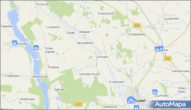 mapa Jurkowo gmina Krzywiń, Jurkowo gmina Krzywiń na mapie Targeo