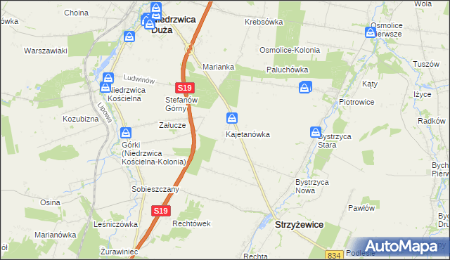 mapa Kajetanówka gmina Strzyżewice, Kajetanówka gmina Strzyżewice na mapie Targeo