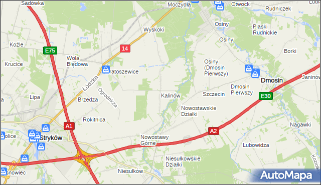 mapa Kalinów gmina Stryków, Kalinów gmina Stryków na mapie Targeo