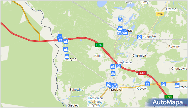 mapa Kałki gmina Trzebiel, Kałki gmina Trzebiel na mapie Targeo