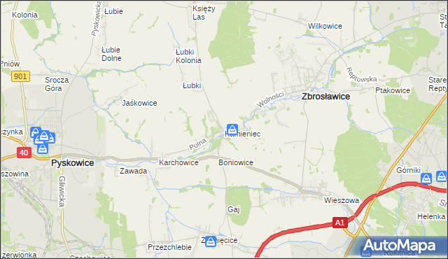 mapa Kamieniec gmina Zbrosławice, Kamieniec gmina Zbrosławice na mapie Targeo