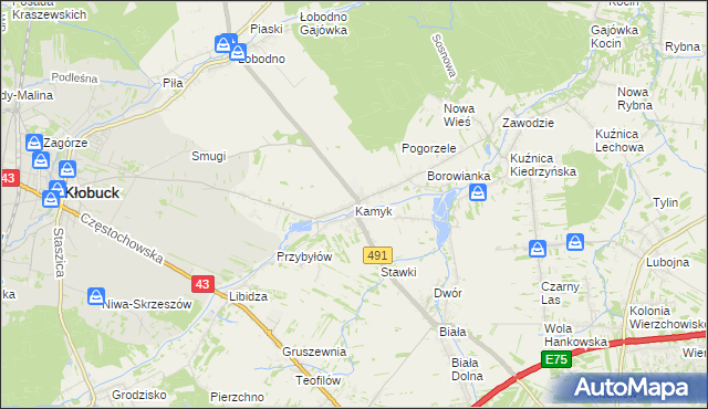 mapa Kamyk gmina Kłobuck, Kamyk gmina Kłobuck na mapie Targeo