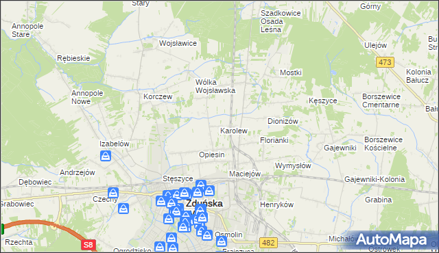 mapa Karolew gmina Zduńska Wola, Karolew gmina Zduńska Wola na mapie Targeo