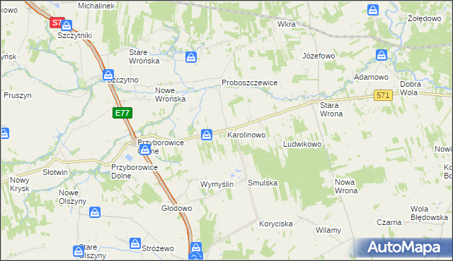 mapa Karolinowo gmina Załuski, Karolinowo gmina Załuski na mapie Targeo