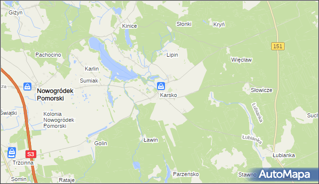 mapa Karsko gmina Nowogródek Pomorski, Karsko gmina Nowogródek Pomorski na mapie Targeo