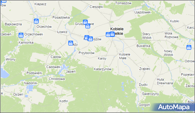 mapa Karsy gmina Kobiele Wielkie, Karsy gmina Kobiele Wielkie na mapie Targeo