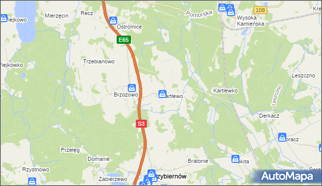 mapa Kartlewo gmina Przybiernów, Kartlewo gmina Przybiernów na mapie Targeo