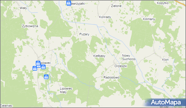 mapa Kiełbasy gmina Rozogi, Kiełbasy gmina Rozogi na mapie Targeo