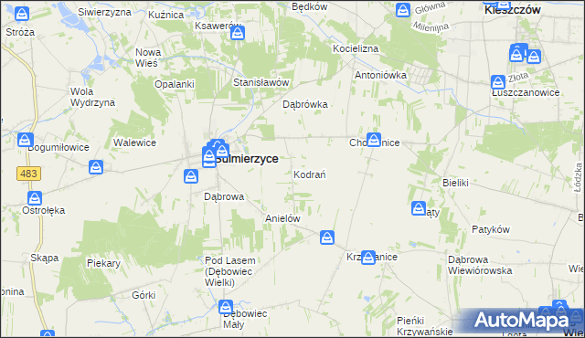 mapa Kodrań gmina Sulmierzyce, Kodrań gmina Sulmierzyce na mapie Targeo