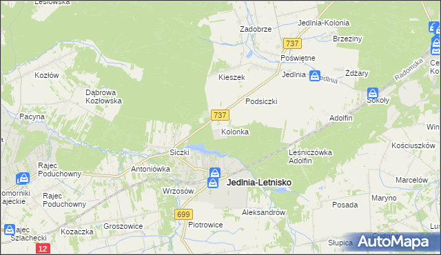 mapa Kolonka gmina Pionki, Kolonka gmina Pionki na mapie Targeo