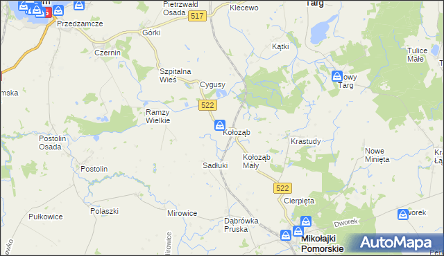 mapa Kołoząb gmina Mikołajki Pomorskie, Kołoząb gmina Mikołajki Pomorskie na mapie Targeo