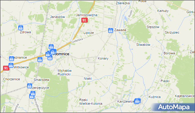 mapa Konary gmina Kłomnice, Konary gmina Kłomnice na mapie Targeo
