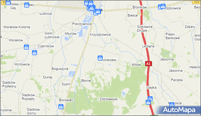 mapa Konarzew gmina Piątek, Konarzew gmina Piątek na mapie Targeo