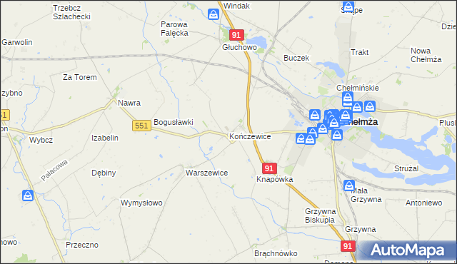 mapa Kończewice gmina Chełmża, Kończewice gmina Chełmża na mapie Targeo