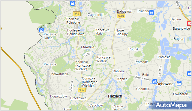 mapa Kończyce Wielkie, Kończyce Wielkie na mapie Targeo