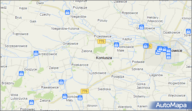 mapa Koniusza powiat proszowicki, Koniusza powiat proszowicki na mapie Targeo