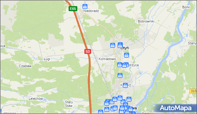 mapa Konradowo gmina Otyń, Konradowo gmina Otyń na mapie Targeo