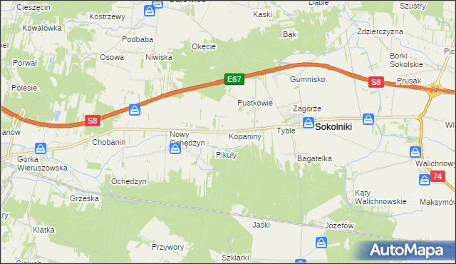 mapa Kopaniny gmina Sokolniki, Kopaniny gmina Sokolniki na mapie Targeo