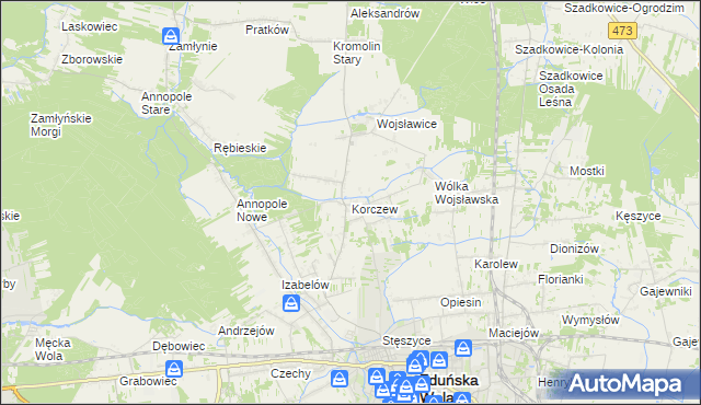 mapa Korczew gmina Zduńska Wola, Korczew gmina Zduńska Wola na mapie Targeo