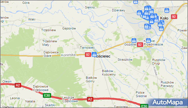 mapa Kościelec powiat kolski, Kościelec powiat kolski na mapie Targeo