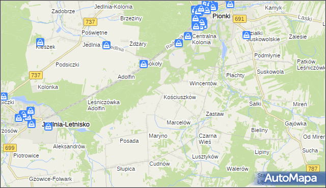 mapa Kościuszków gmina Pionki, Kościuszków gmina Pionki na mapie Targeo