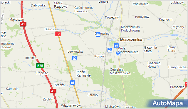 mapa Kosów gmina Moszczenica, Kosów gmina Moszczenica na mapie Targeo