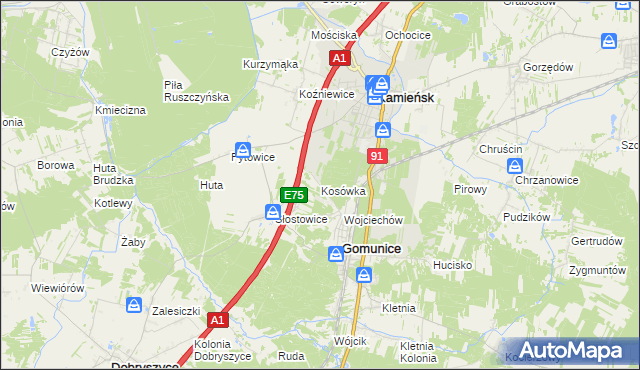 mapa Kosówka gmina Gomunice, Kosówka gmina Gomunice na mapie Targeo