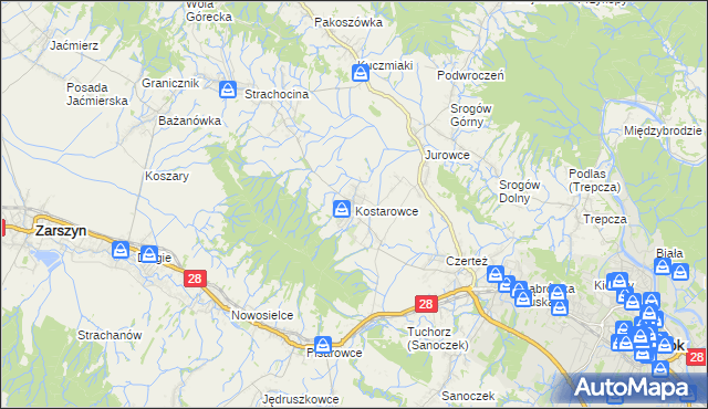 mapa Kostarowce, Kostarowce na mapie Targeo