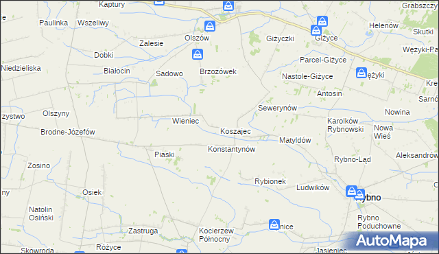 mapa Koszajec gmina Rybno, Koszajec gmina Rybno na mapie Targeo