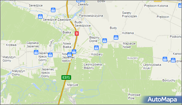 mapa Koszary gmina Iłża, Koszary gmina Iłża na mapie Targeo