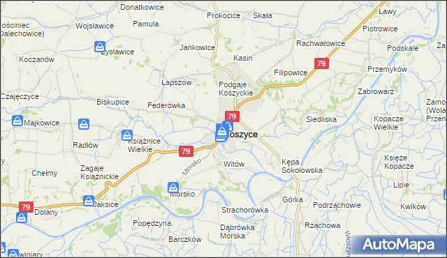 mapa Koszyce powiat proszowicki, Koszyce powiat proszowicki na mapie Targeo