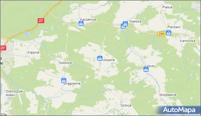 mapa Kotowice gmina Nowogród Bobrzański, Kotowice gmina Nowogród Bobrzański na mapie Targeo