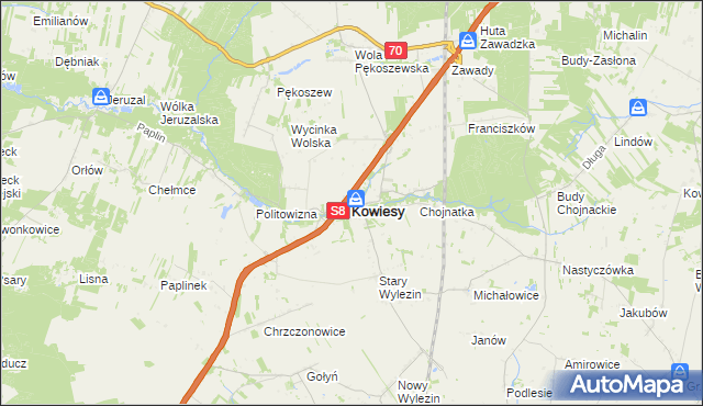 mapa Kowiesy powiat skierniewicki, Kowiesy powiat skierniewicki na mapie Targeo