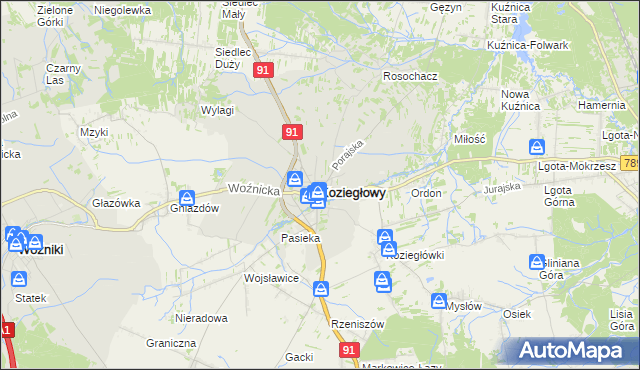 mapa Koziegłowy powiat myszkowski, Koziegłowy powiat myszkowski na mapie Targeo