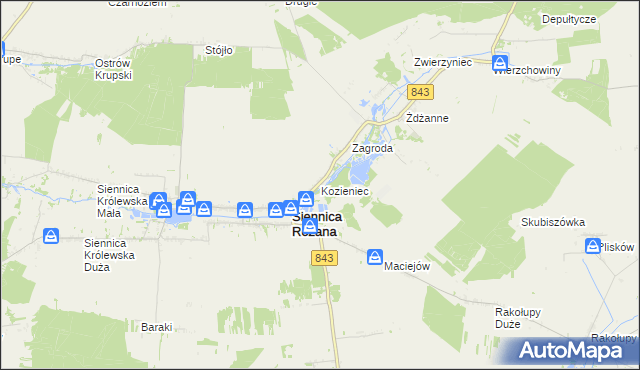 mapa Kozieniec gmina Siennica Różana, Kozieniec gmina Siennica Różana na mapie Targeo