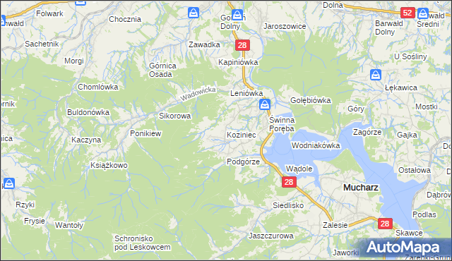 mapa Koziniec gmina Mucharz, Koziniec gmina Mucharz na mapie Targeo