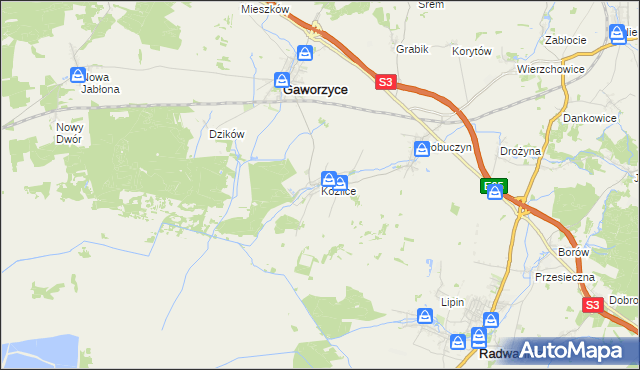 mapa Koźlice gmina Gaworzyce, Koźlice gmina Gaworzyce na mapie Targeo