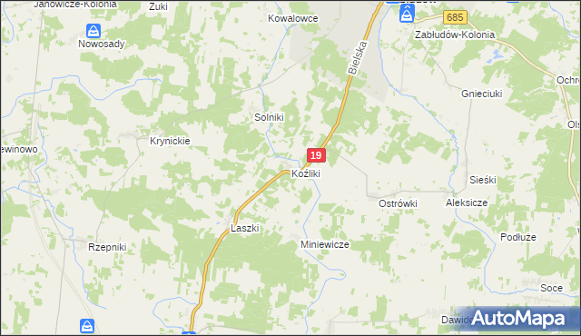 mapa Koźliki gmina Zabłudów, Koźliki gmina Zabłudów na mapie Targeo